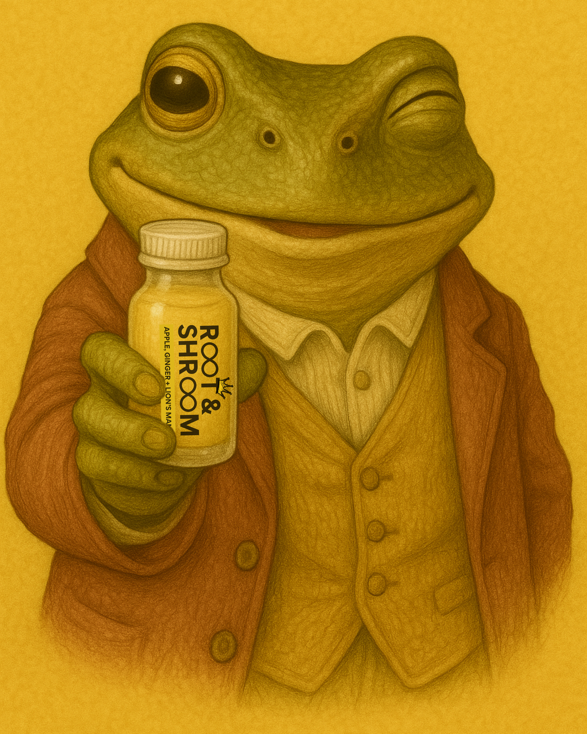 Illustration of a frog in a suit holding a bottle labeled 'Root Shroom' on a yellow background