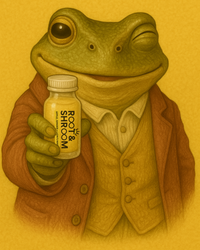 Illustration of a frog in a suit holding a bottle labeled 'Root Shroom' on a yellow background