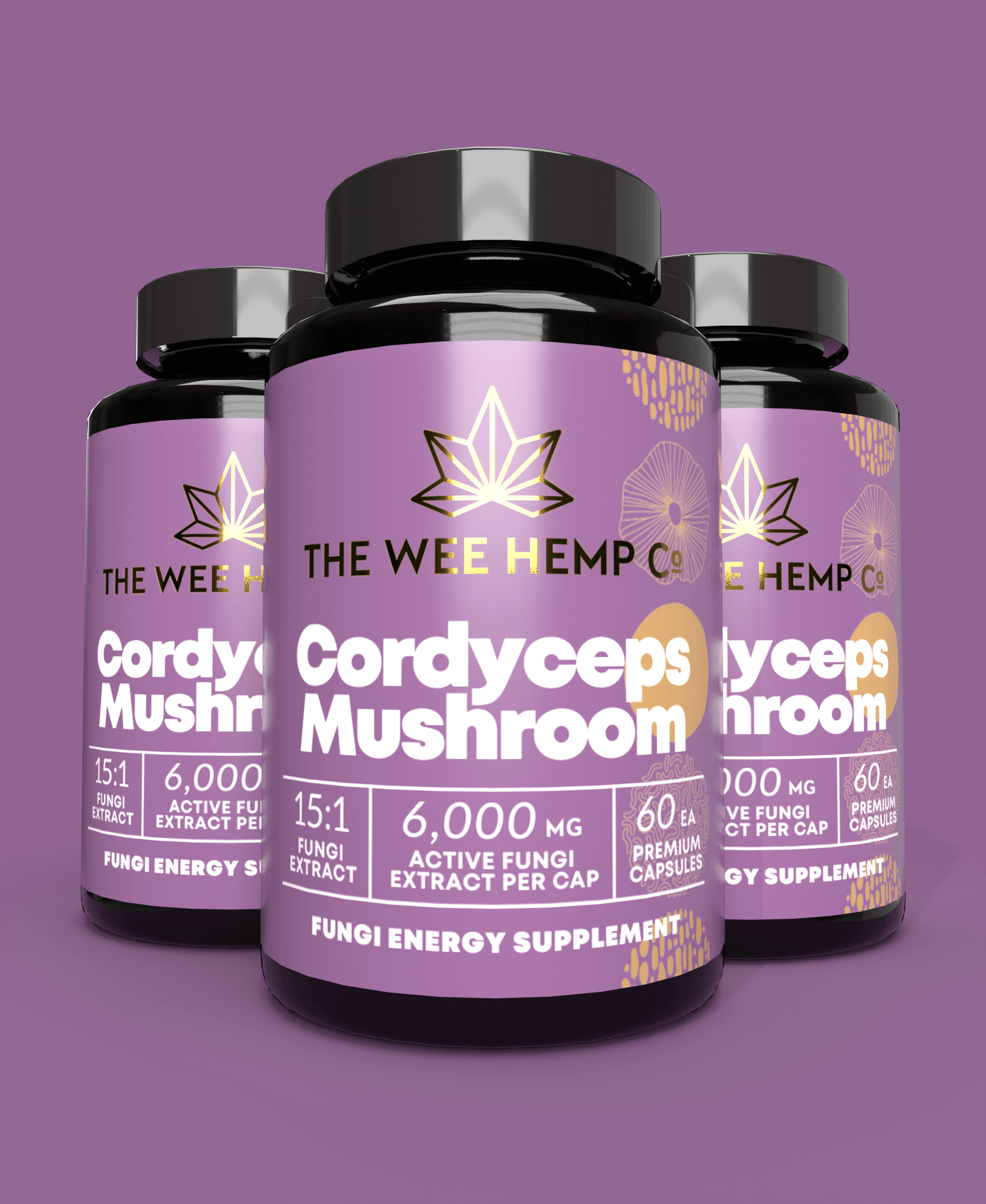 Cordyceps Mushroom Clean Extract, No Bulking Agents. The Wee Hemp Company, Aberdeenshire, Scotland. Blue background with mushroom supplements in foreground. Scotland's Leading CBD Company.