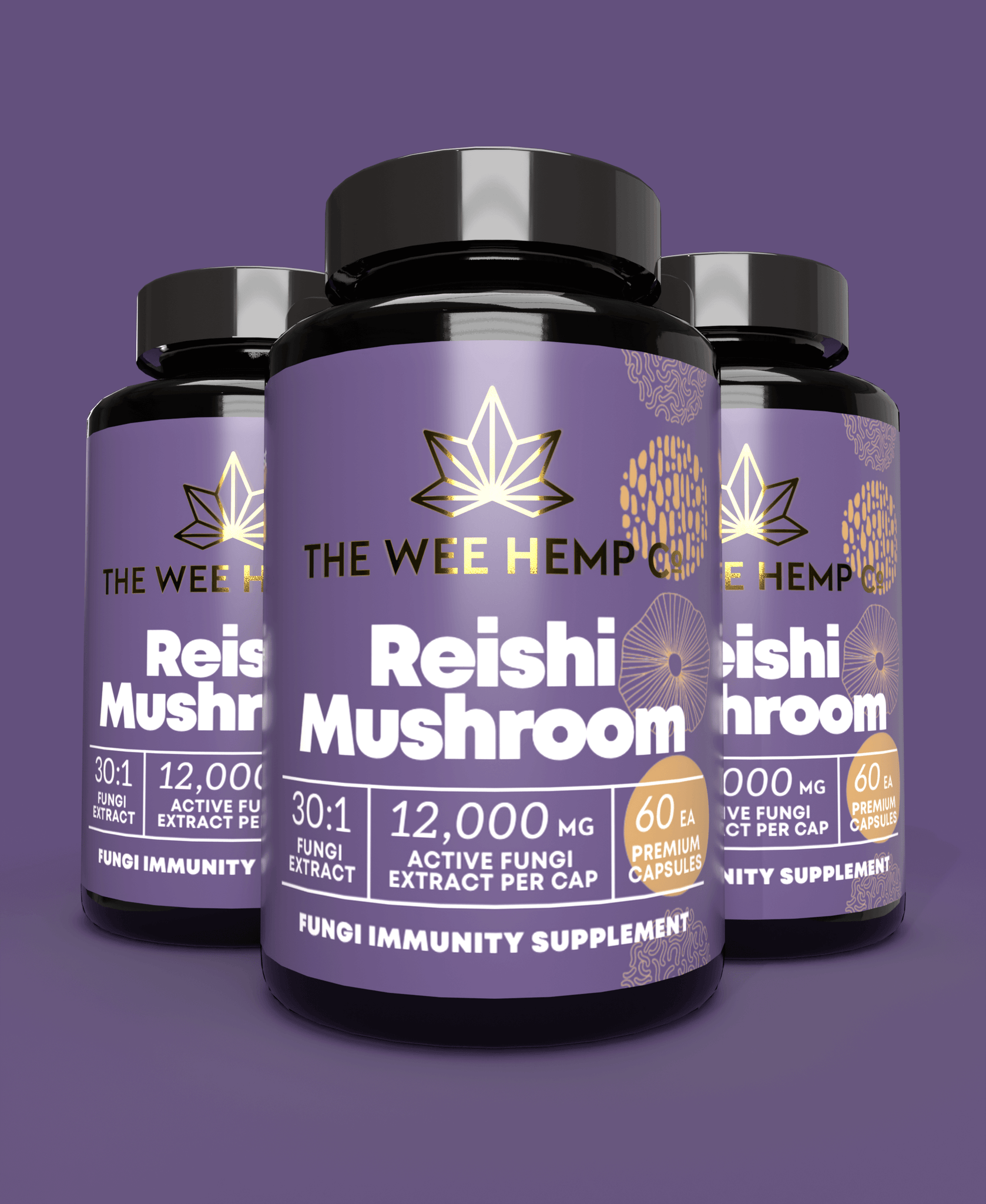 Reishi Mushroom Clean Extract, No Bulking Agents. The Wee Hemp Company, Aberdeenshire, Scotland. Blue background with mushroom supplements in foreground. Scotland's Leading CBD Company.