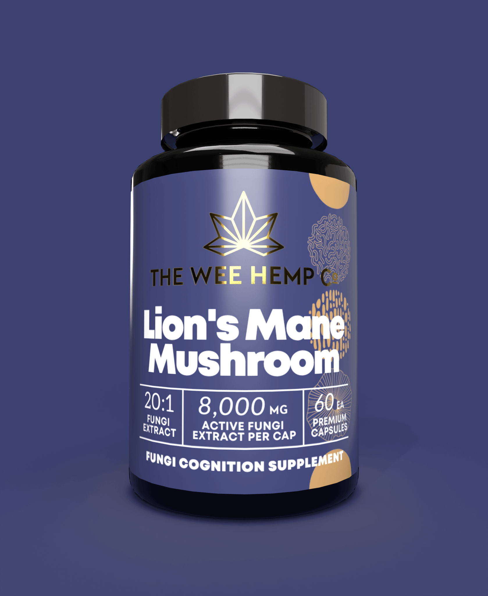 Lion's Mane Mushroom Clean Extract, No Bulking Agents. The Wee Hemp Company, Aberdeenshire, Scotland. Blue background with mushroom supplements in foreground. Scotland's Leading CBD Company.