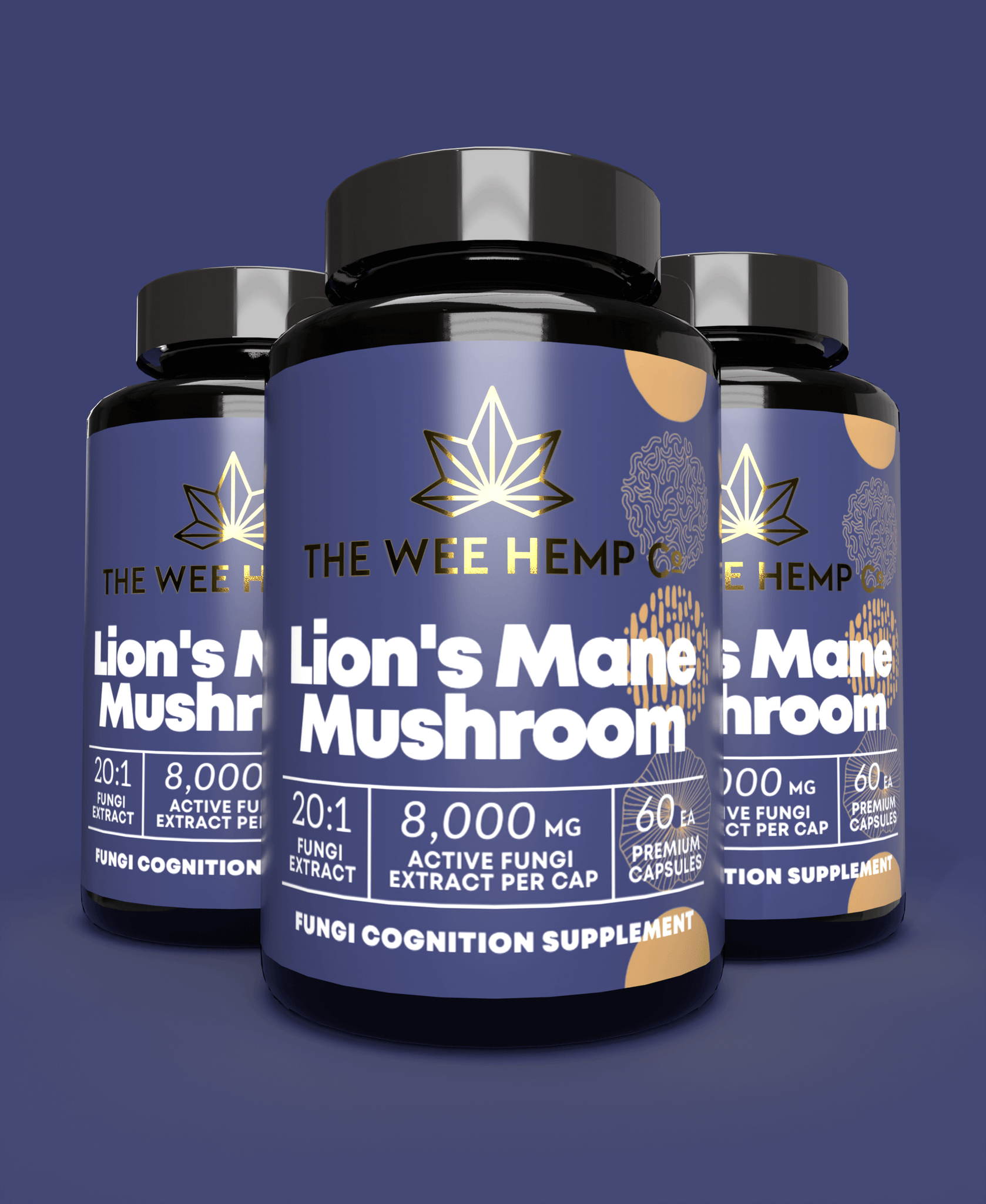 '3 Pack & Save' Lion's Mane Mushroom Clean Extract, No Bulking Agents. The Wee Hemp Company, Aberdeenshire, Scotland. Blue background with mushroom supplements in foreground. Scotland's Leading CBD Company.