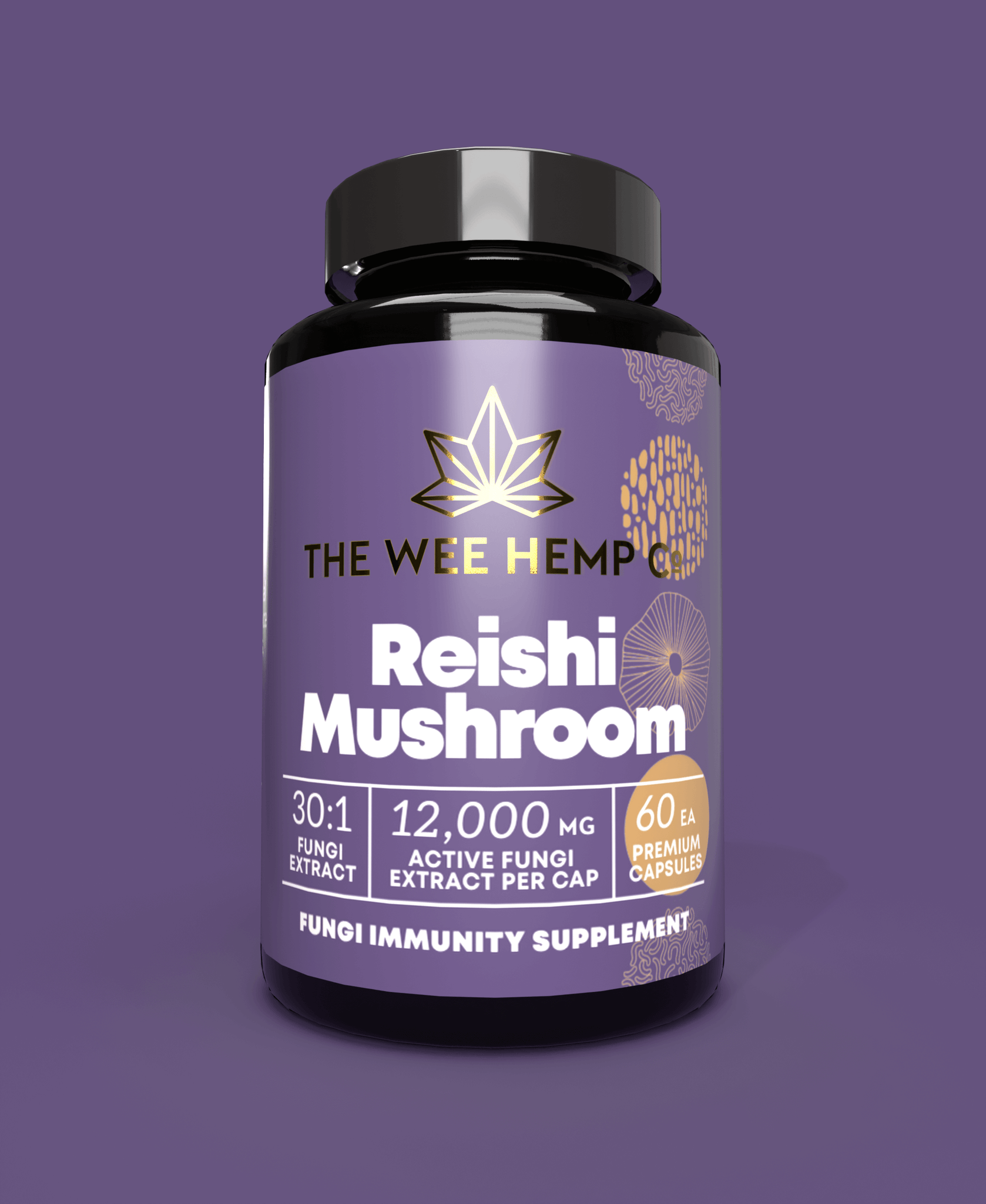 Reishi Mushroom Clean Extract, No Bulking Agents. The Wee Hemp Company, Aberdeenshire, Scotland. Blue background with mushroom supplements in foreground. Scotland's Leading CBD Company.